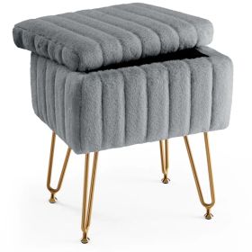Vanity Stool Chair with Storage, Ottoman Faux Fur Soft Padded Makeup Footstools Seat with 4 Metal Legs Anti-Slip Adjustable Feet Modern (Option: Gray)